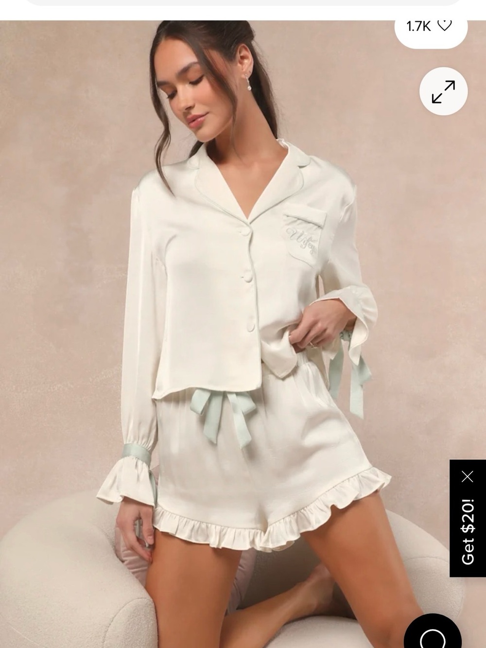 Lulu’s Silky Cream 2-Piece Embroidered Wifey Pajama Set